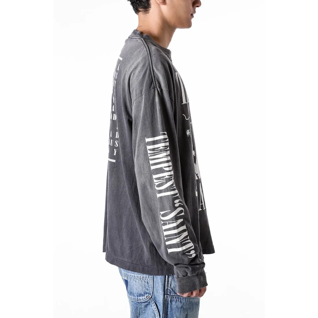 SAINT Mxxxxxx LS TEE/TEMPEST/BLK 'TEMPEST SAINT' Storm Religious Saints Cracked Retro Vulcanized Heavy Wash Long Sleeves Washed Black S-XL Assute Dyeing Multi-bit Horse Fading Craftsmanship Grinding and Hanging Holes Full of Old Feeling Top Printing Craftsmanship Purchasing Level